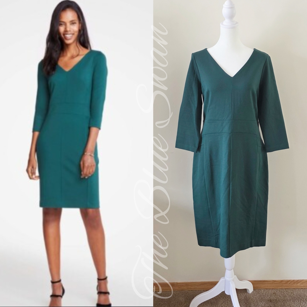 NWT Ann Taylor Ponte Knit Seamed Sheath 3/4 Sleeve Dress Endearing Green 8